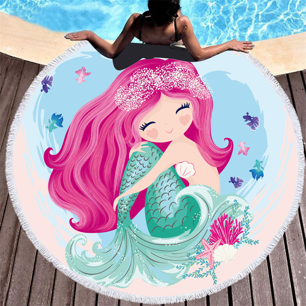 Beach towel Cartoon pink mermaid microfiber round