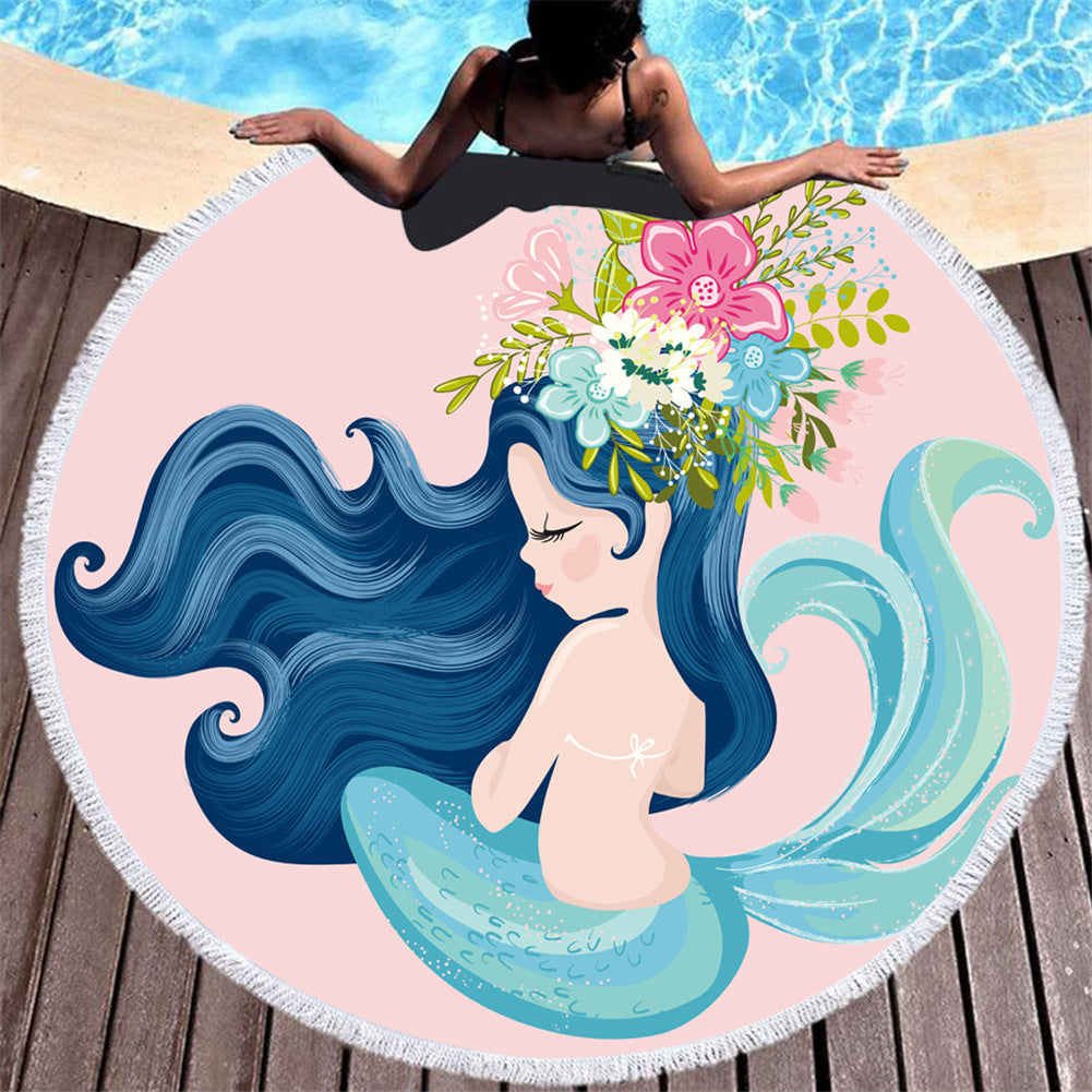 Asciugamano da spiaggia in microfibra con motivo a sirena rosa cartoon rotondo