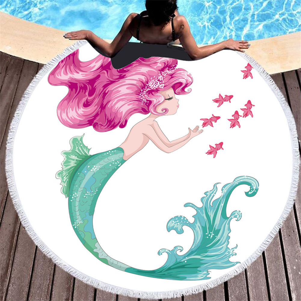 Beach towel Cartoon pink mermaid microfiber round