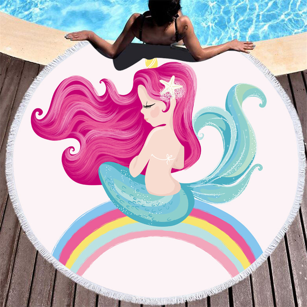 Beach towel Cartoon pink mermaid microfiber round
