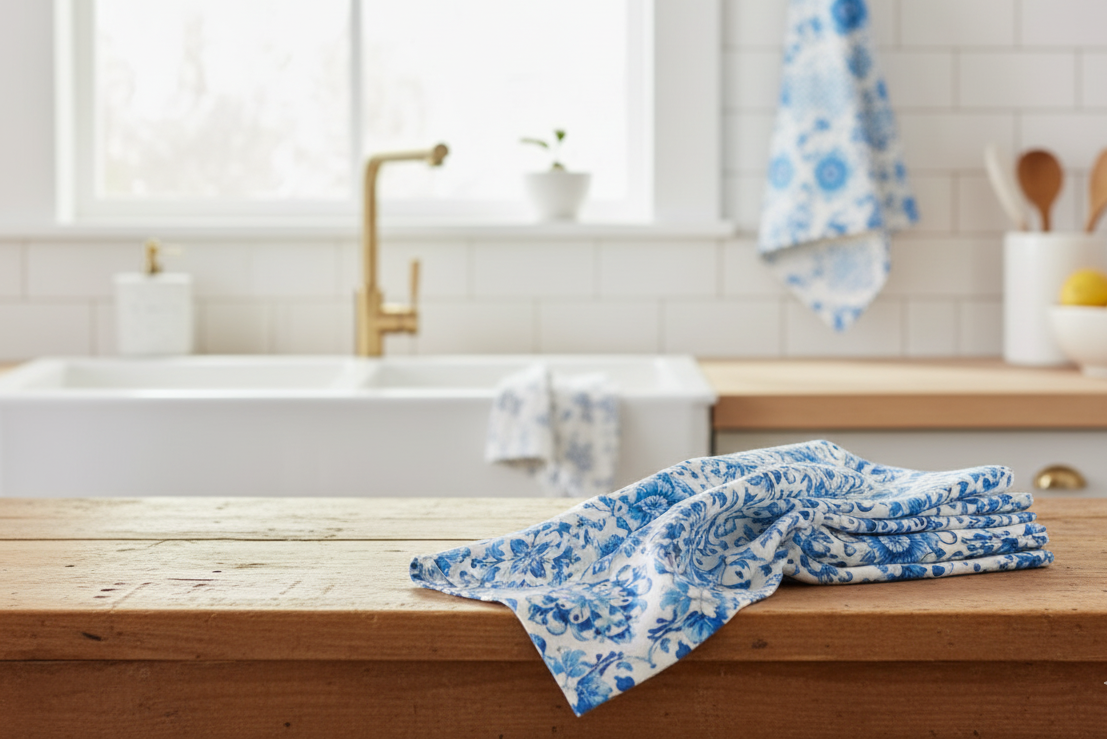 Set 3 Strofinacci in Cotone Drill „Mediterraneo“ | Fantasia Blue e Bianco