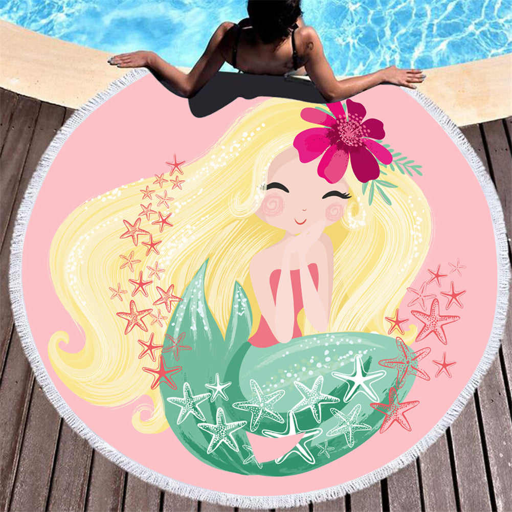 Beach towel Cartoon pink mermaid microfiber round
