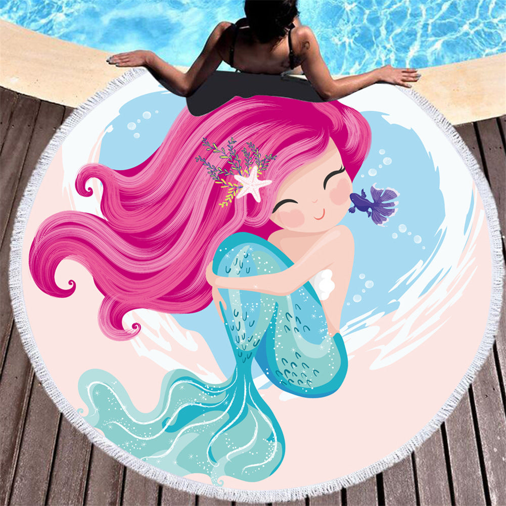 Beach towel Cartoon pink mermaid microfiber round