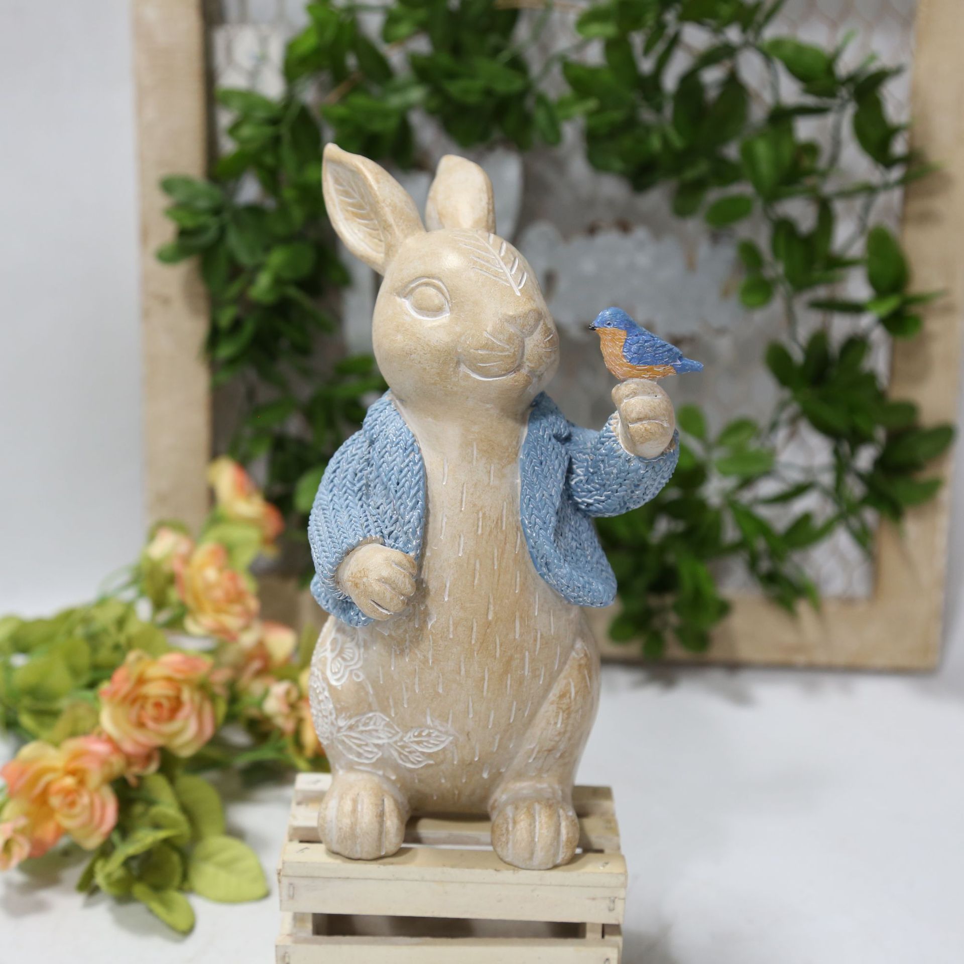 Home Resin Woodcut Concave Carved Pattern Effect Easter Rabbit.