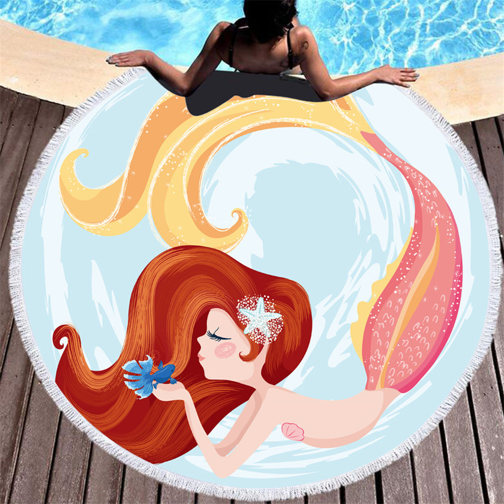 Asciugamano da spiaggia in microfibra con motivo a sirena rosa cartoon rotondo