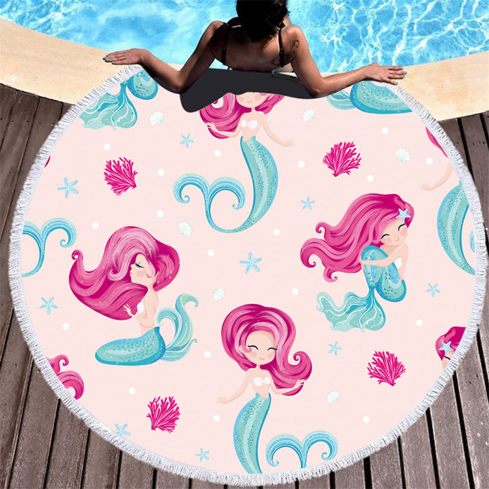 Asciugamano da spiaggia in microfibra con motivo a sirena rosa cartoon rotondo