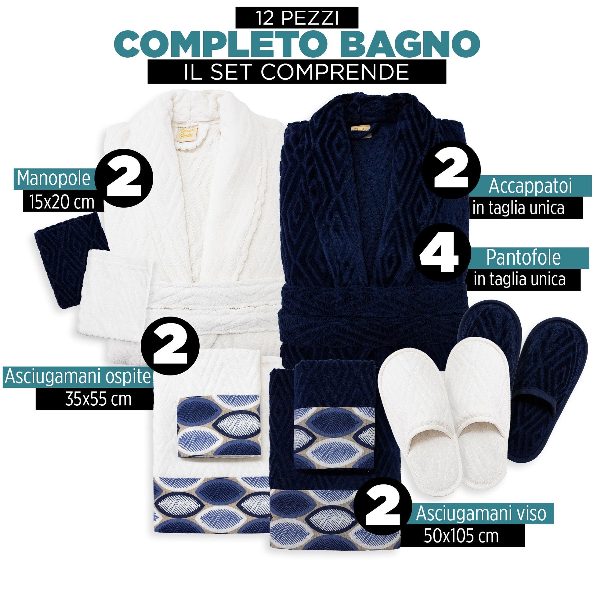 Completo bagno asciugamani accappatoi set uomo donna in spugna di cotone 7121