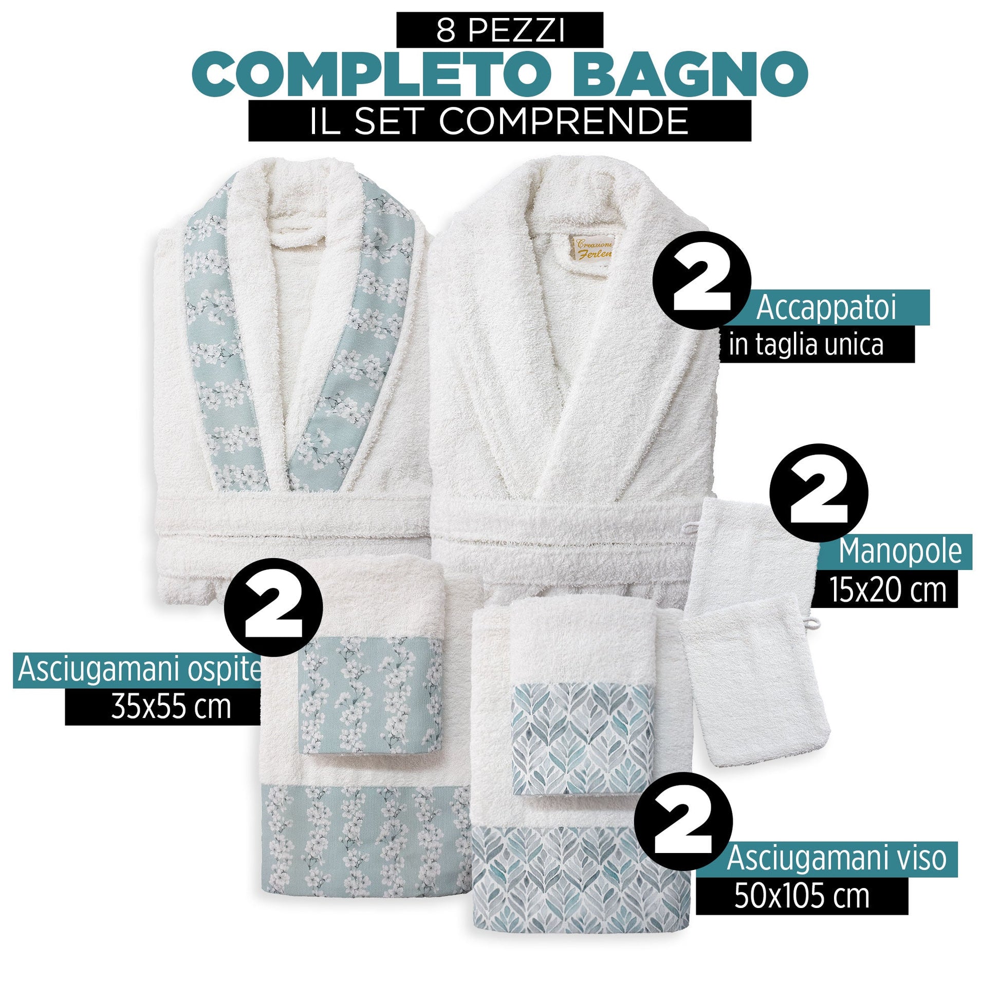 Completo bagno asciugamani accappatoi set uomo donna in spugna di cotone 7128