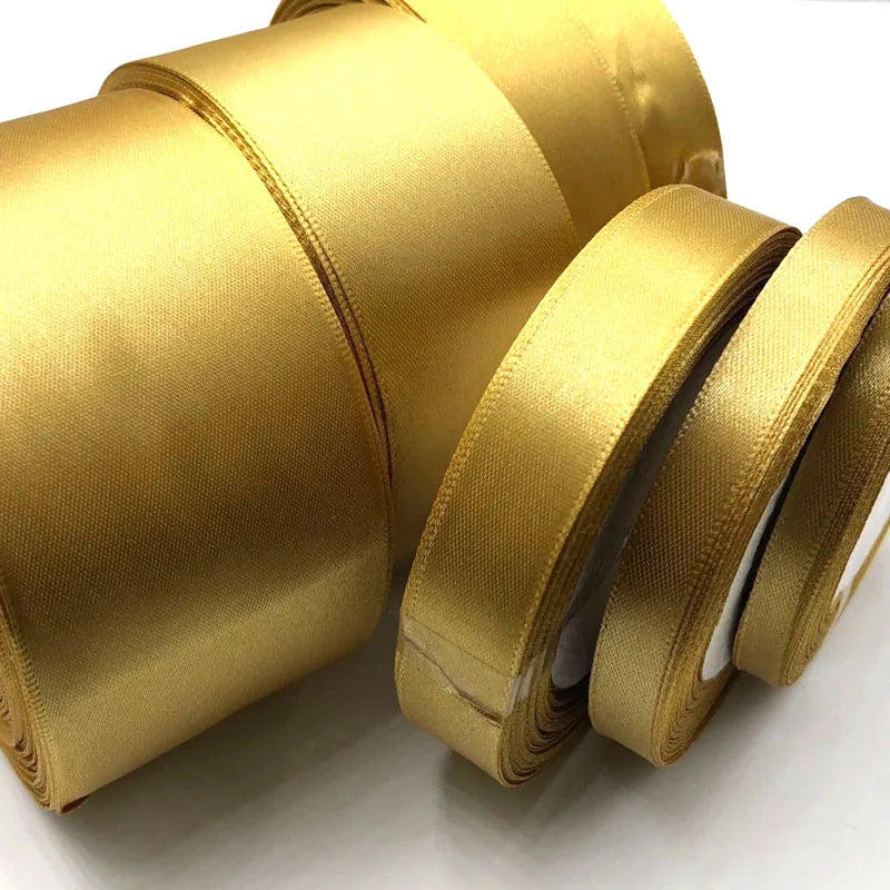 Goldfarbenes Seidensatinband, 25 Yards, 6–50 mm, Stoffband zum Verpacken von Geschenken.