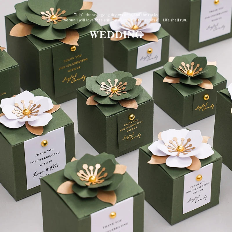 Hochzeits-Süßigkeitenbox, grün, kreativ, Blumenmuster, quadratisch, exquisit, personalisiert.