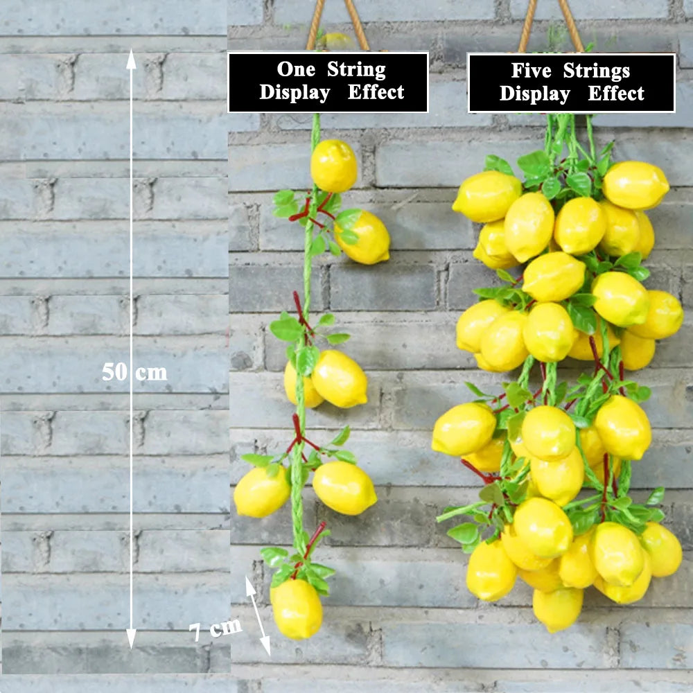 Artificial strings model assorted vegetables and fruits.