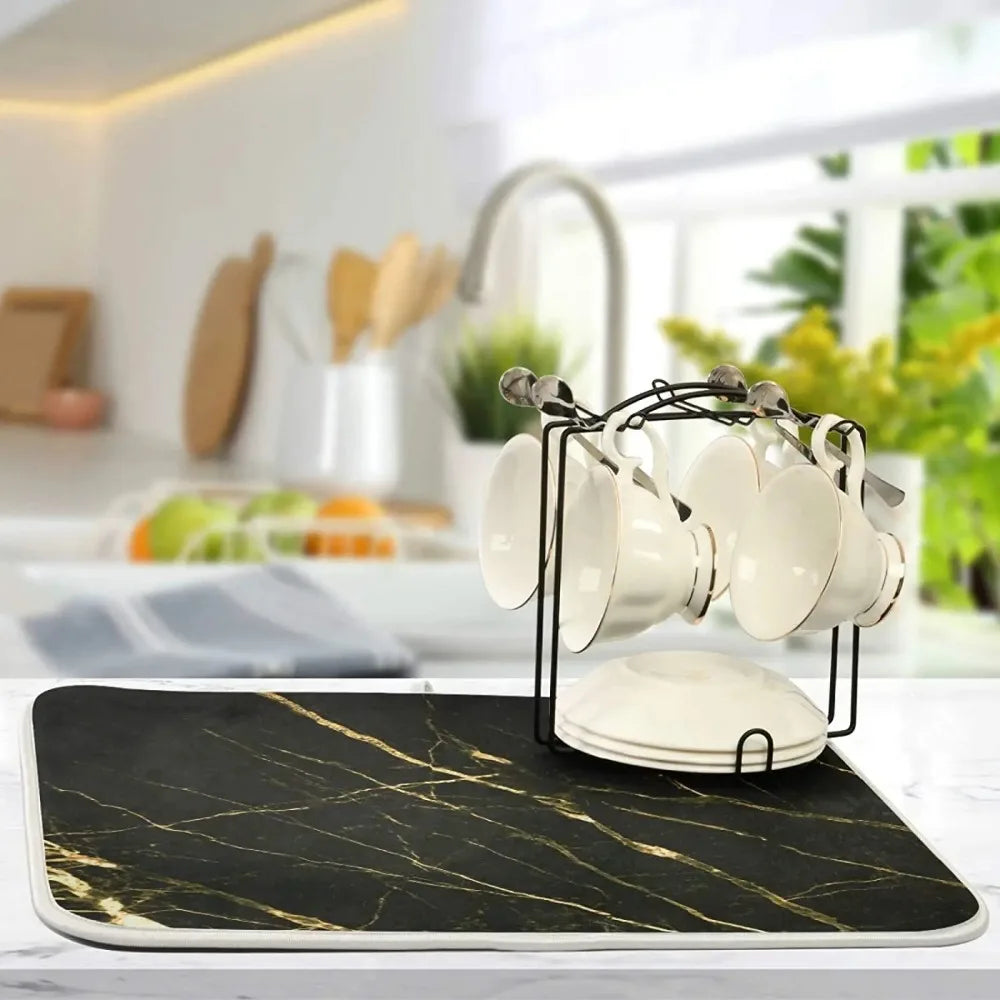 Absorbent Dish Drying Mat for Kitchen Counter with Hanging Loop Black Marble Gold
