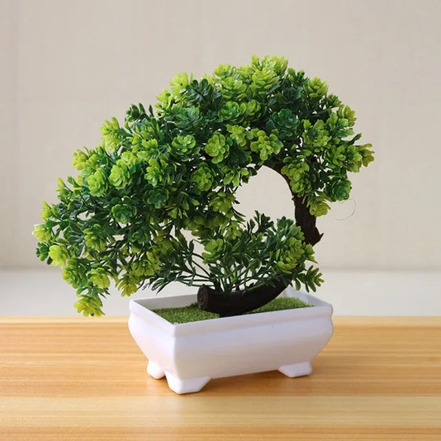 Kleiner Baum, Gras, Blume, Topf-Bonsai, Heimbüro-Dekoration.