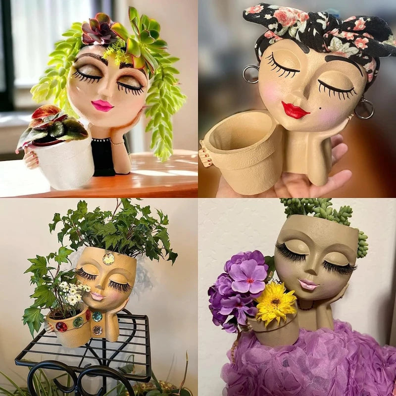 Girl Head Face Flowerpot White Resin Figure Fleshiness Flower Pot with Leakage Hole.