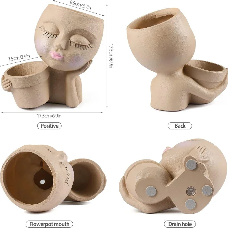Girl Head Face Flowerpot White Resin Figure Fleshiness Flower Pot with Leakage Hole.