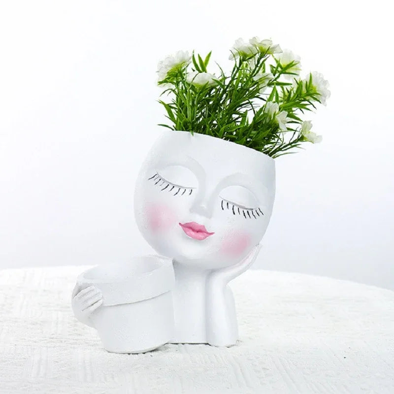 Girl Head Face Flowerpot White Resin Figure Fleshiness Flower Pot with Leakage Hole.