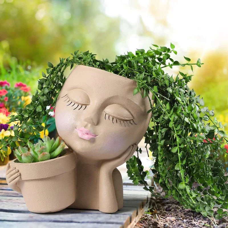 Girl Head Face Flowerpot White Resin Figure Fleshiness Flower Pot with Leakage Hole.