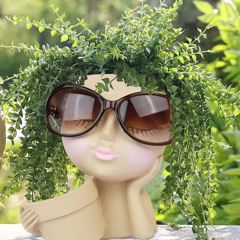 Girl Head Face Flowerpot White Resin Figure Fleshiness Flower Pot with Leakage Hole.