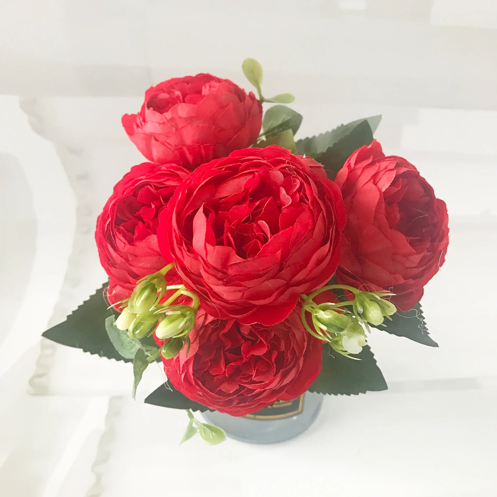 Silk Peony Artificial Flowers Bouquet 5 Big Head 30cm Rose Pink