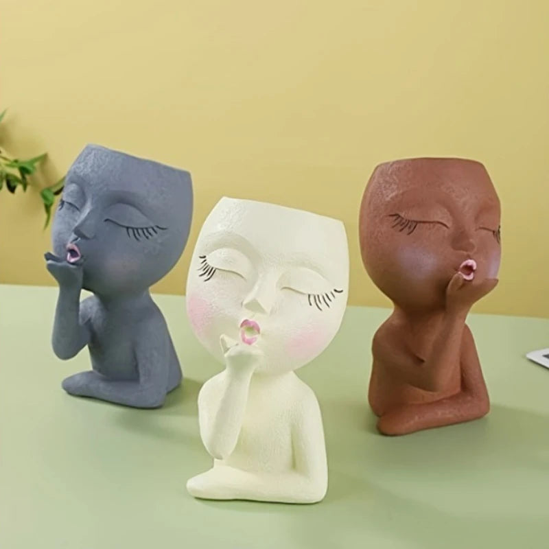 Creative Succulent Green Plant Human Head Shape Flower Pot.