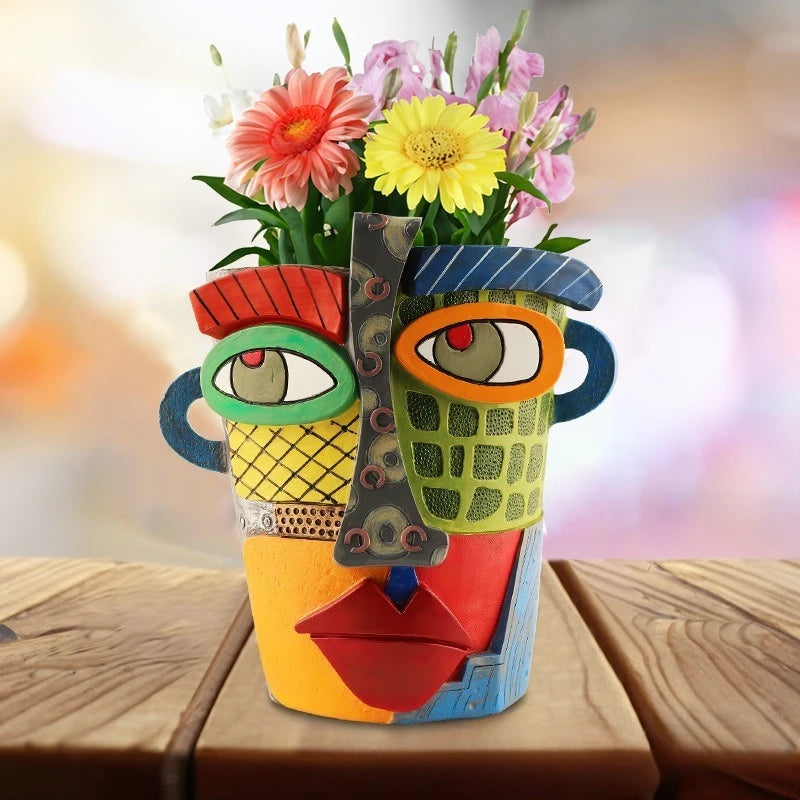 Brutalist abstract beauty face flower pot a colorful art Resin Handmade.