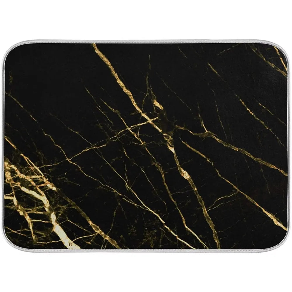 Absorbent Dish Drying Mat for Kitchen Counter with Hanging Loop Black Marble Gold