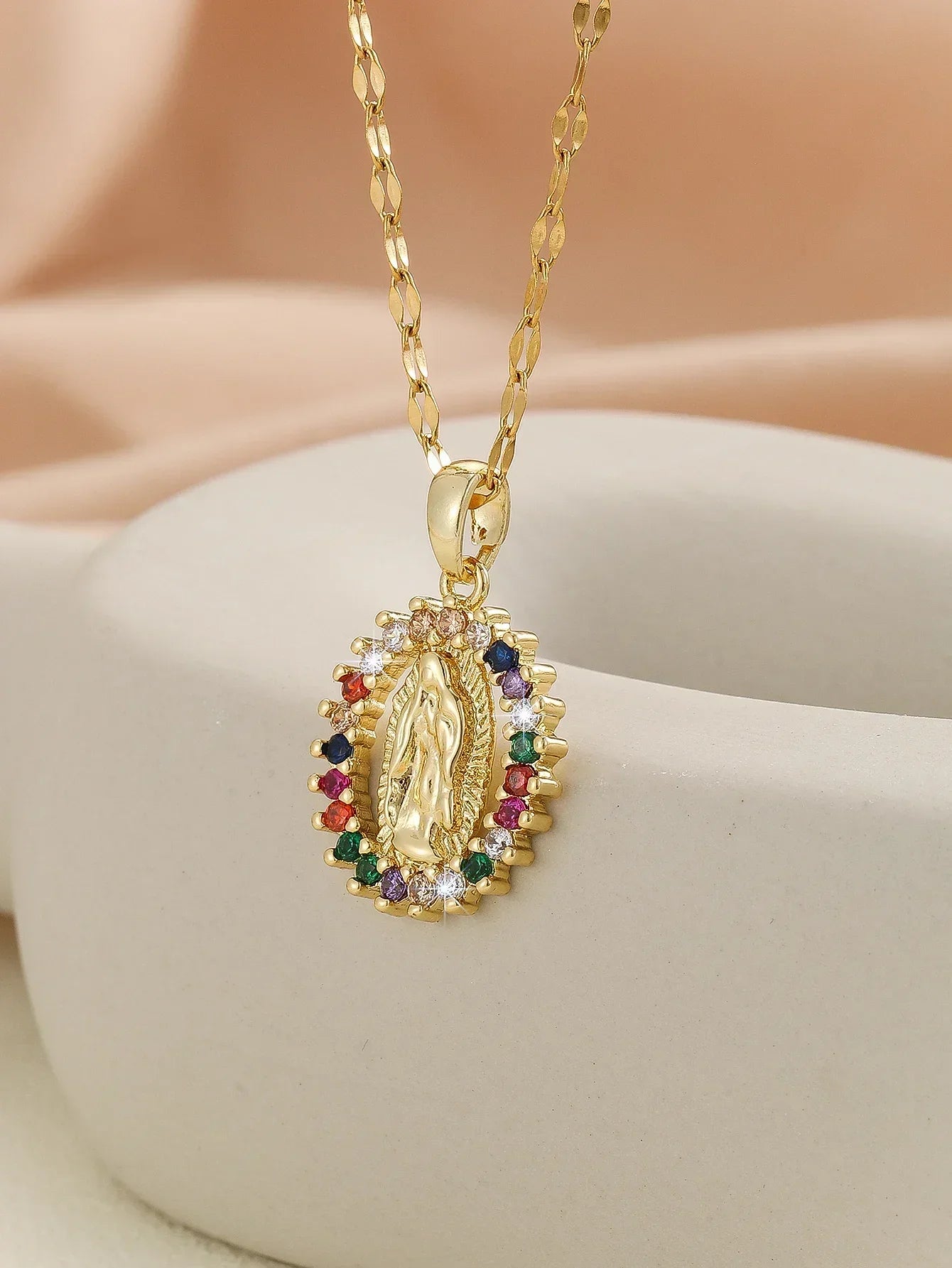 Gorgeous Women's Colorful Zircon Virgin Mary Hollow Necklace