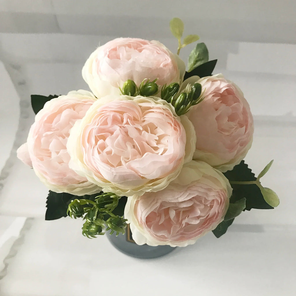 Silk Peony Artificial Flowers Bouquet 5 Big Head 30cm Rose Pink