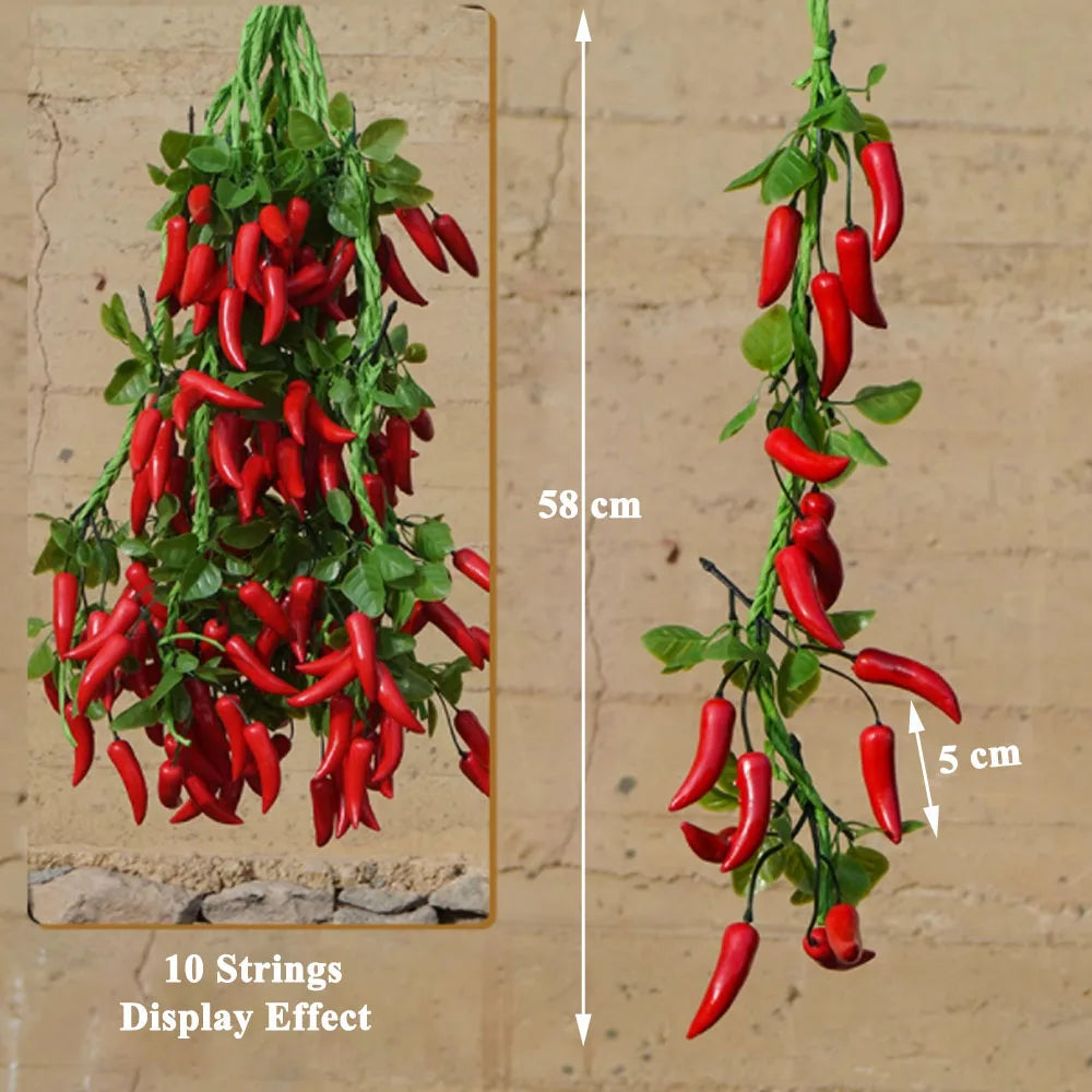 Artificial strings model assorted vegetables and fruits.