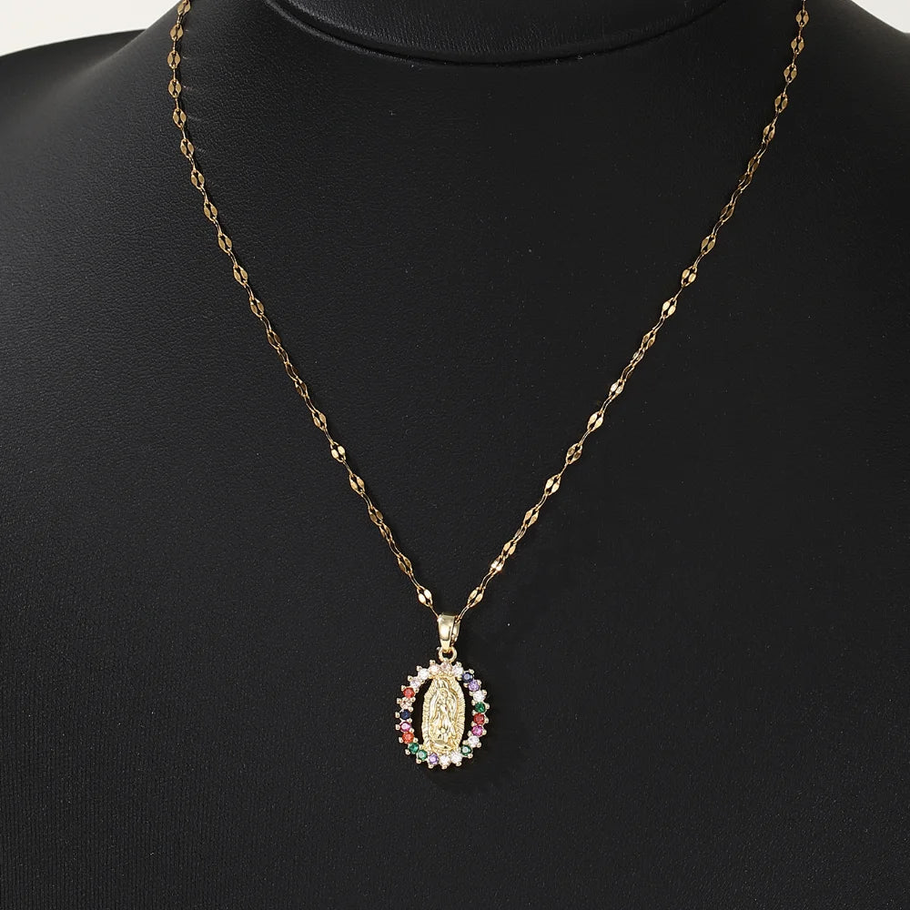 Gorgeous Women's Colorful Zircon Virgin Mary Hollow Necklace