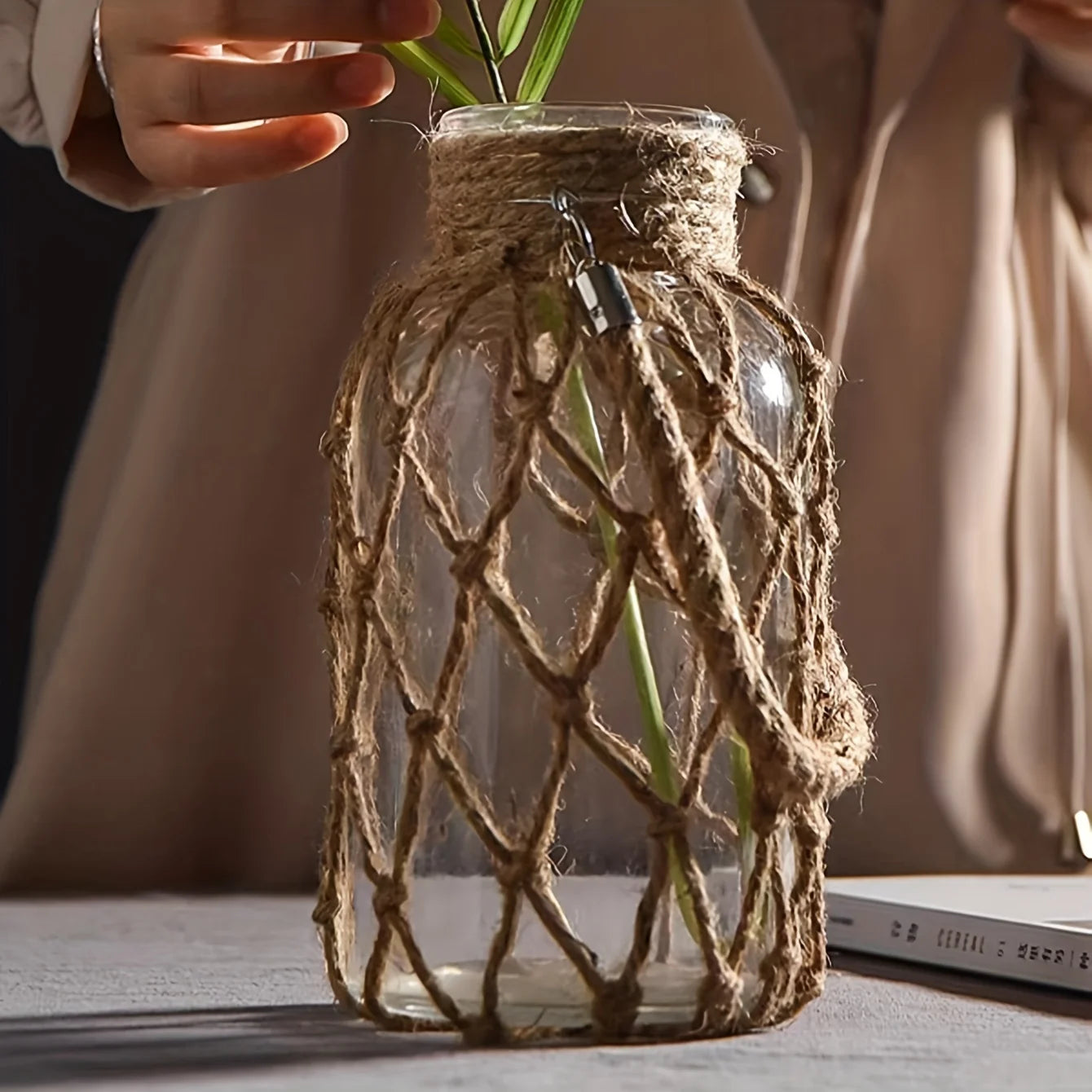 Retro hemp rope glass vase hand-woven country creative.