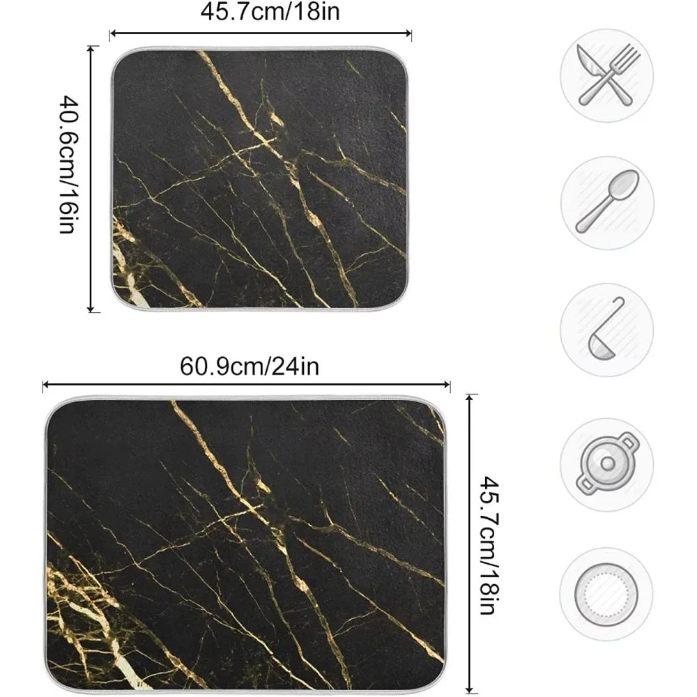 Absorbent Dish Drying Mat for Kitchen Counter with Hanging Loop Black Marble Gold