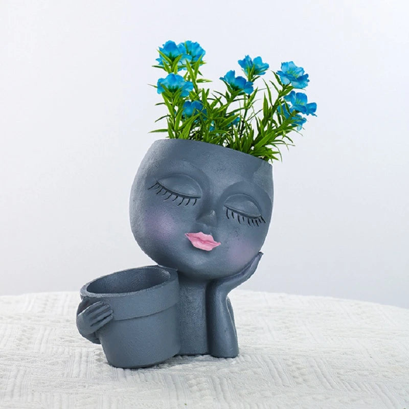 Girl Head Face Flowerpot White Resin Figure Fleshiness Flower Pot with Leakage Hole.