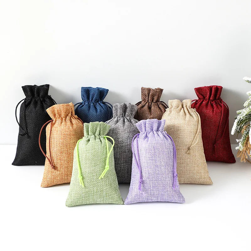 Mehrfarbige Jute-Aufbewahrungstaschen, Stoffpaket, Kordelzugbeutel.