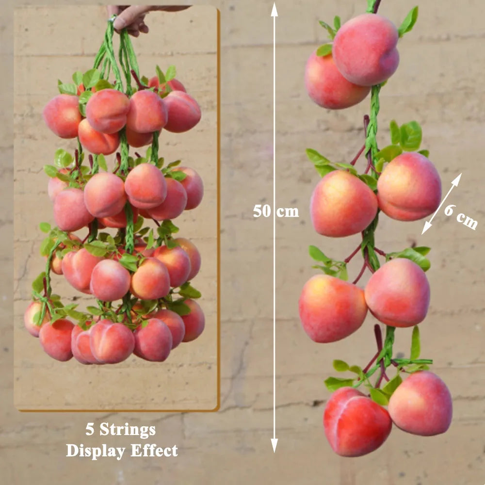 Artificial strings model assorted vegetables and fruits.