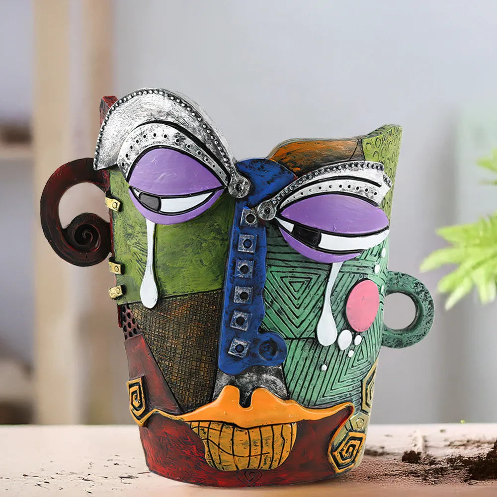 Brutalist abstract beauty face flower pot a colorful art Resin Handmade.