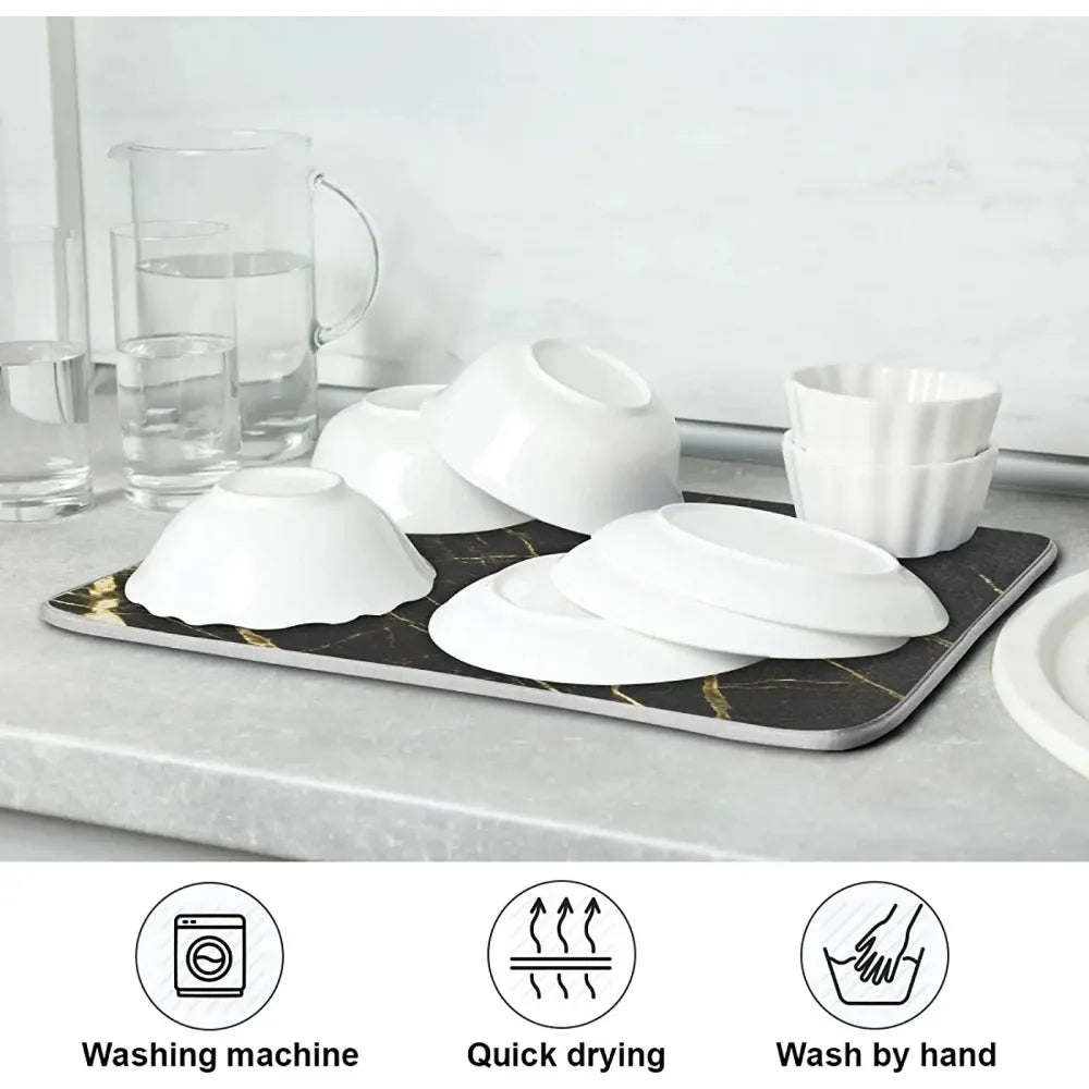 Absorbent Dish Drying Mat for Kitchen Counter with Hanging Loop Black Marble Gold