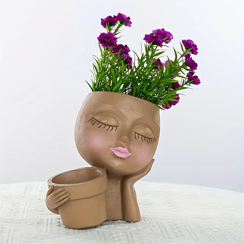 Girl Head Face Flowerpot White Resin Figure Fleshiness Flower Pot with Leakage Hole.