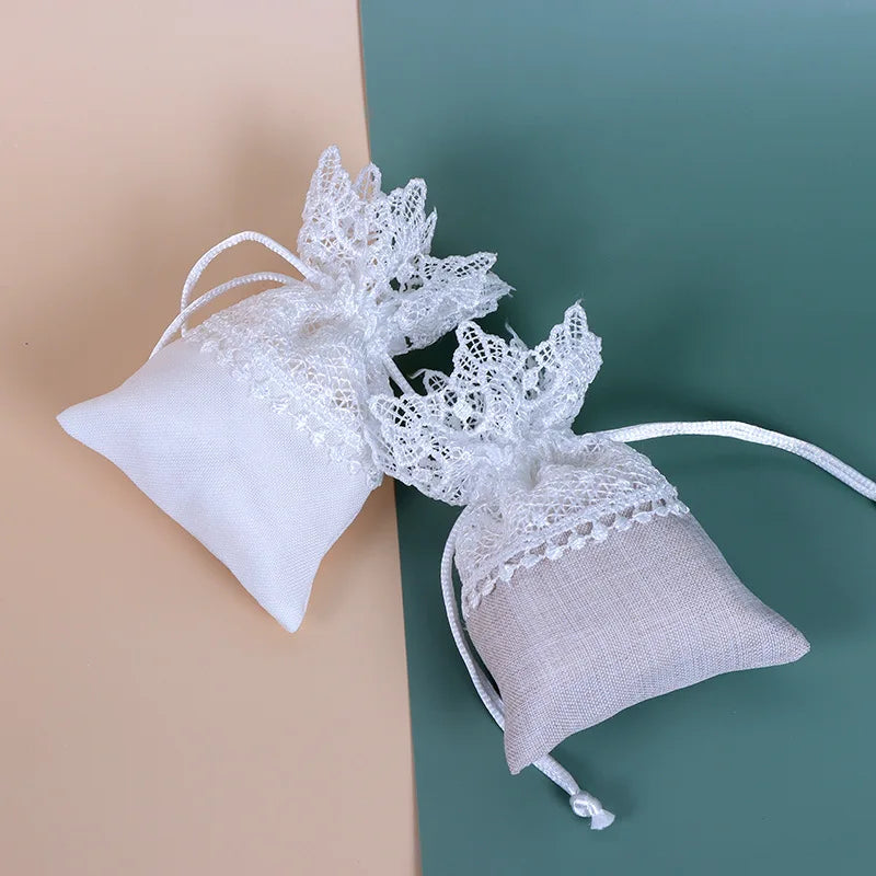 White Lace Embroidery Candy Gift Bag with Drawstring 10 pcs.