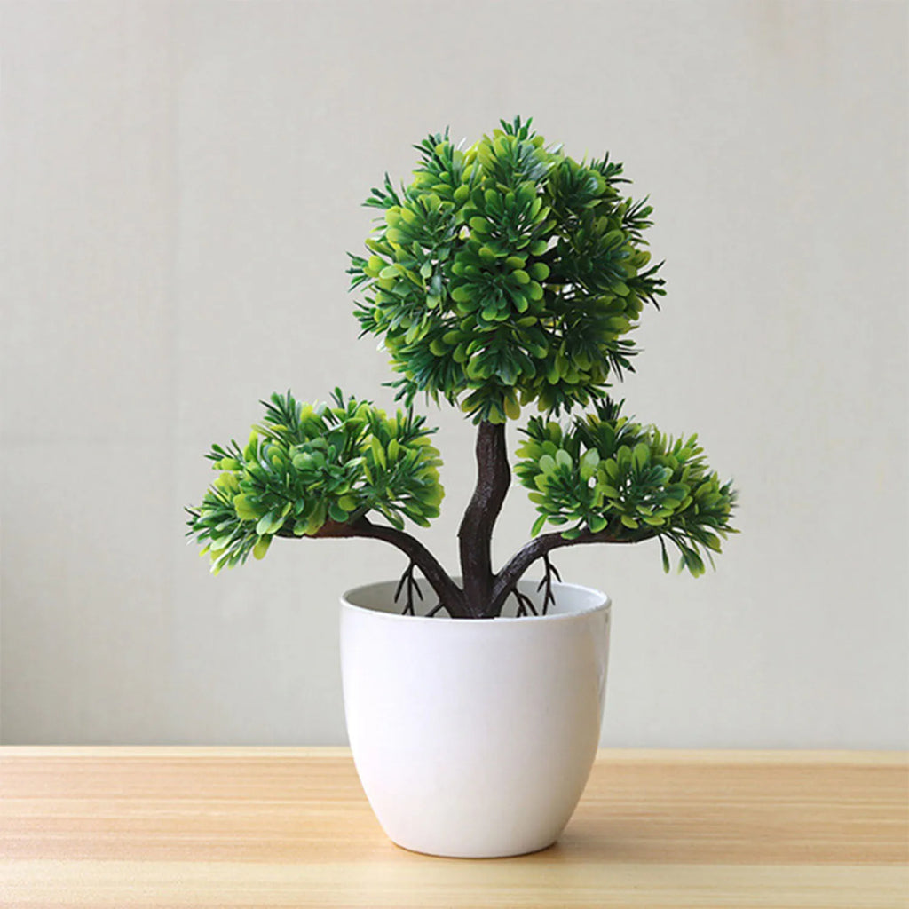 Kleiner Baum, Gras, Blume, Topf-Bonsai, Heimbüro-Dekoration.