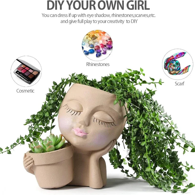 Girl Head Face Flowerpot White Resin Figure Fleshiness Flower Pot with Leakage Hole.