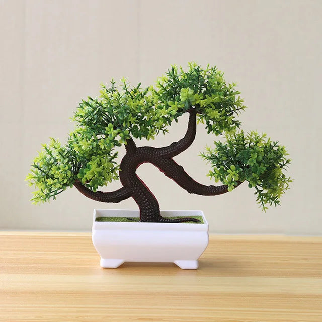 Kleiner Baum, Gras, Blume, Topf-Bonsai, Heimbüro-Dekoration.