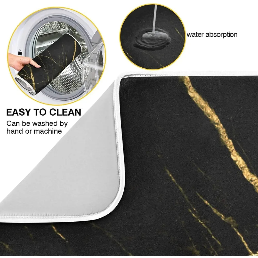 Absorbent Dish Drying Mat for Kitchen Counter with Hanging Loop Black Marble Gold