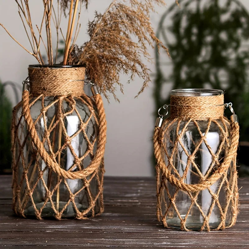 Retro hemp rope glass vase hand-woven country creative.