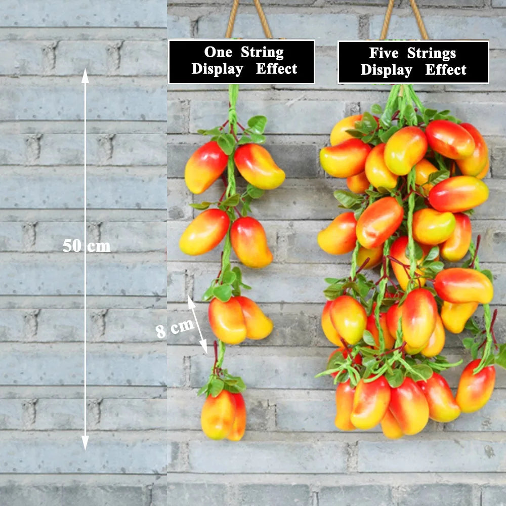 Artificial strings model assorted vegetables and fruits.