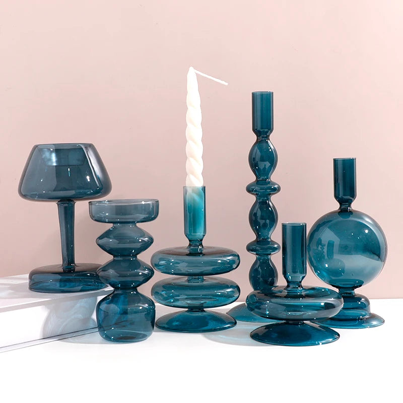 Navy Glass Candle Holder Stripe Flower Glass