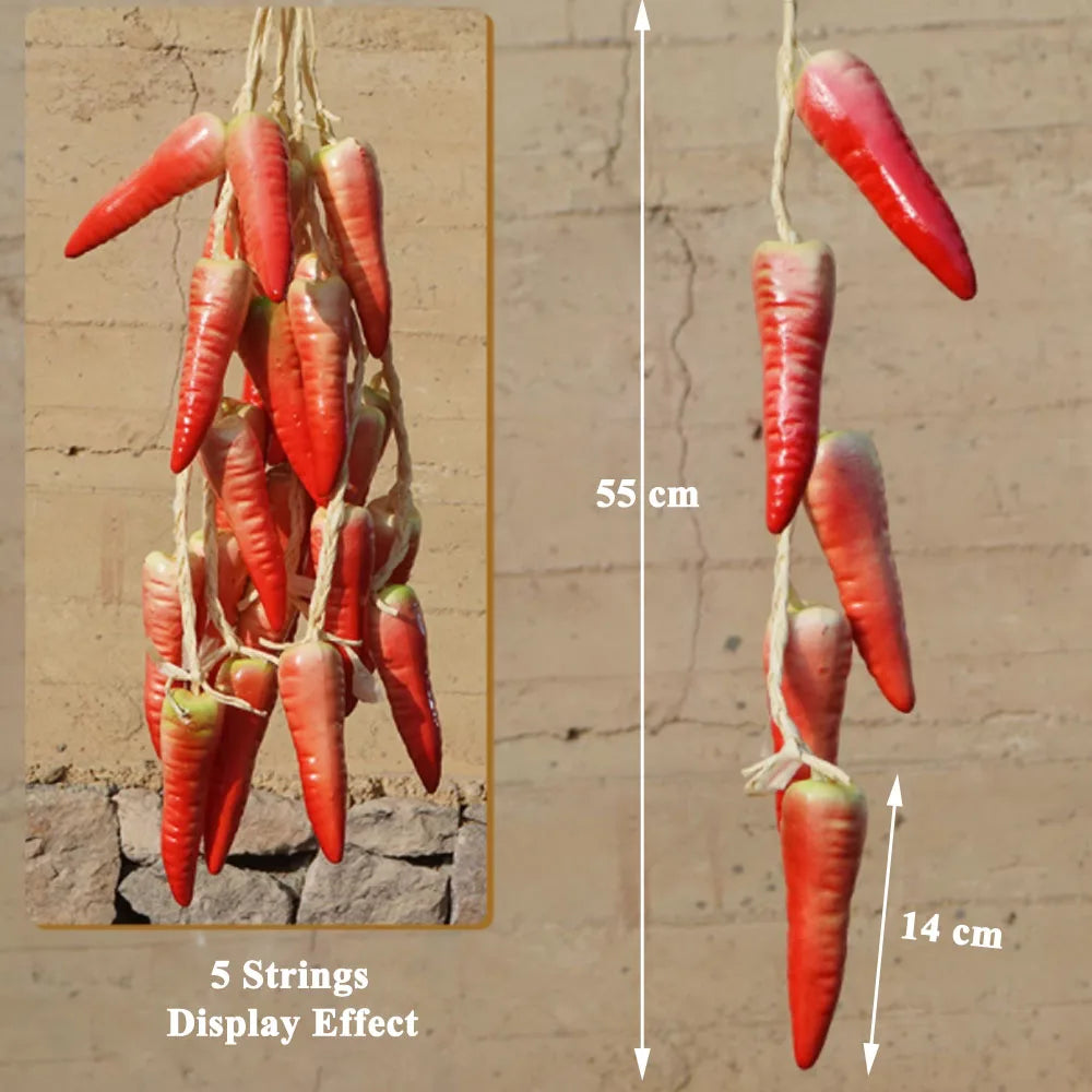 Artificial strings model assorted vegetables and fruits.