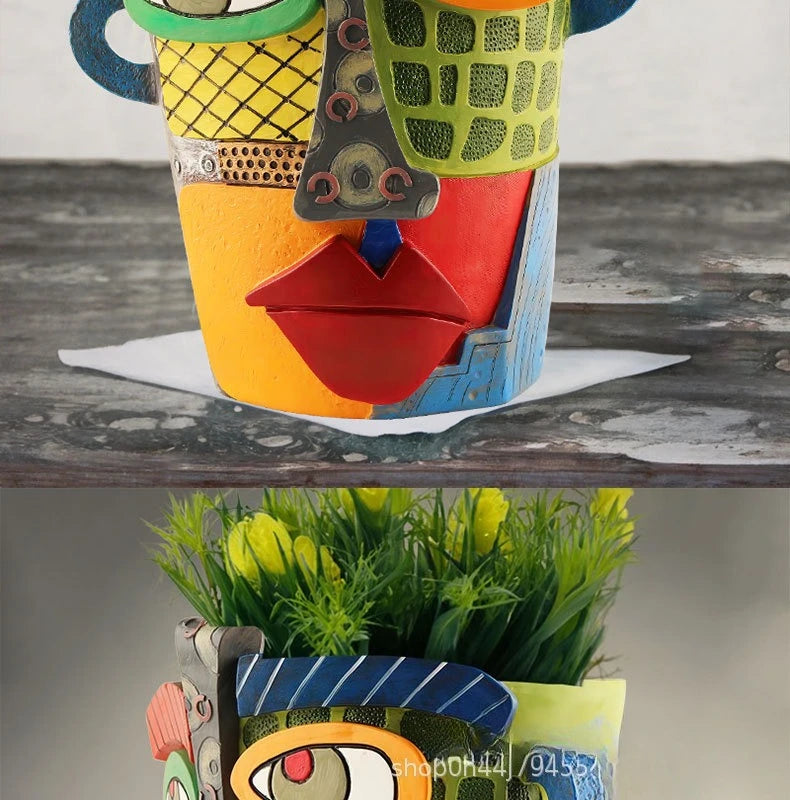 Brutalist abstract beauty face flower pot a colorful art Resin Handmade.
