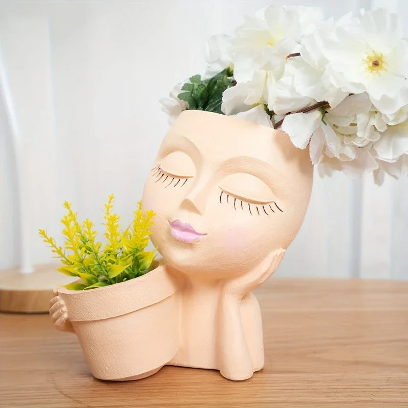 Girl Head Face Flowerpot White Resin Figure Fleshiness Flower Pot with Leakage Hole.
