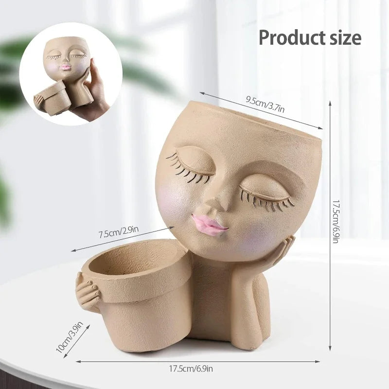 Girl Head Face Flowerpot White Resin Figure Fleshiness Flower Pot with Leakage Hole.